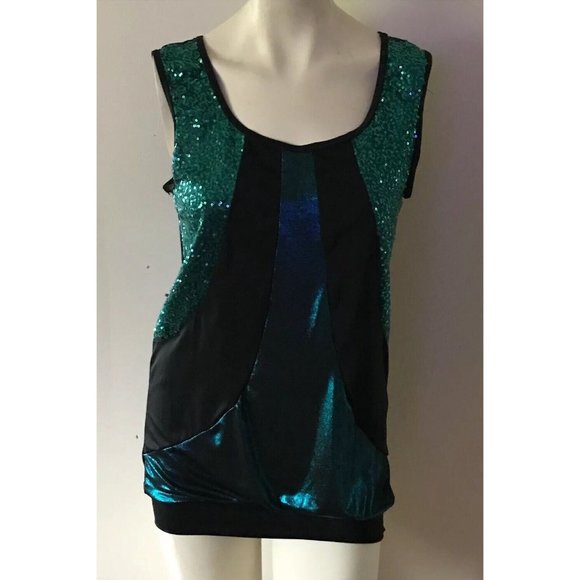 Weissman Dance Green/Black Sequined Dance Tank Top Blouse Wmns Sz Medium Adult - Picture 3 of 10